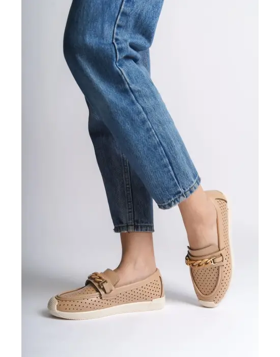 LIZY Bağcıksız Rahat tabanlı ayakkabı Rahat Tabaan Kalp Desenli Bayan Babet Ayakkabı  CKısa Topuk - Ten