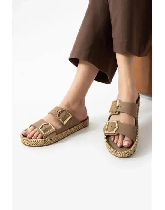 Loera Vizon Nubuk Çift Tokalı Terlik