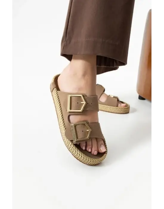 Loera Vizon Nubuk Çift Tokalı Terlik