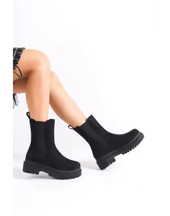 Omarı Bağcıksız Süet Rahat Tabanlı Bayan Bot - Siyah