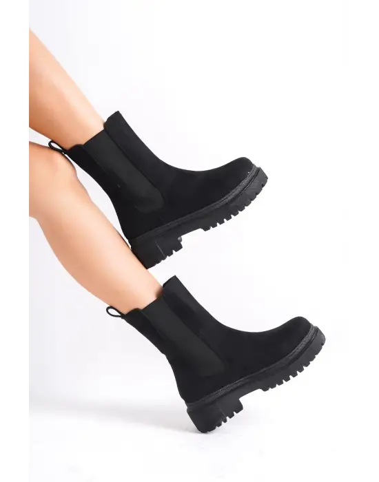 Omarı Bağcıksız Süet Rahat Tabanlı Bayan Bot - Siyah