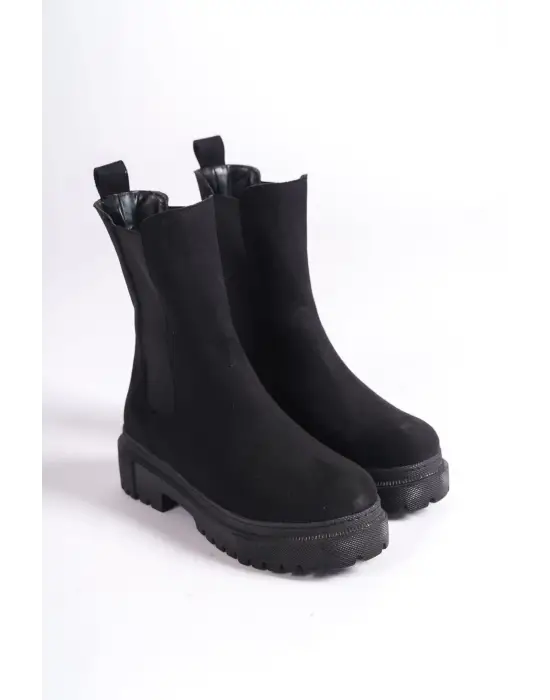 Omarı Bağcıksız Süet Rahat Tabanlı Bayan Bot - Siyah