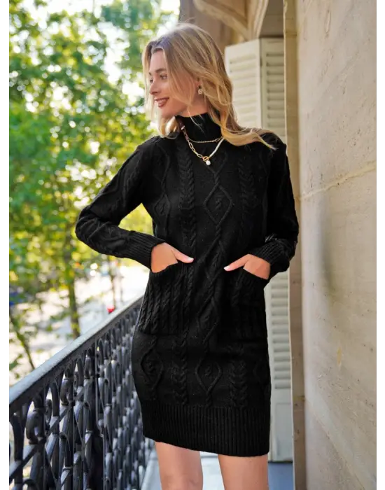   Yünlü Motifli Midi Boy Triko Elbise