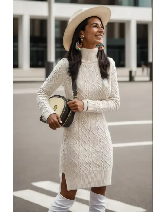 Loren Yünlü Motifli Midi Boy Triko Elbise