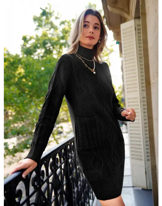   Yünlü Motifli Midi Boy Triko Elbise