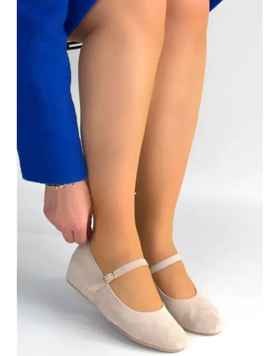 Lossa Bej Süet Kemerli Babet Ayakkabı