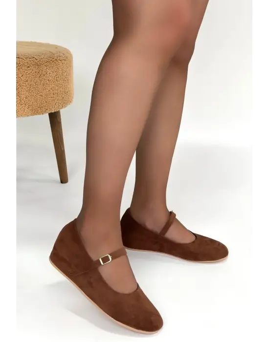 Taba Süet Kemerli Babet Ayakkabı Kadın Giyim