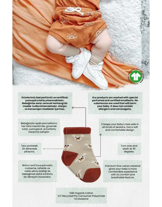 Omarı Sevimli Desenli Penye Soket Çorap Seti - Bej