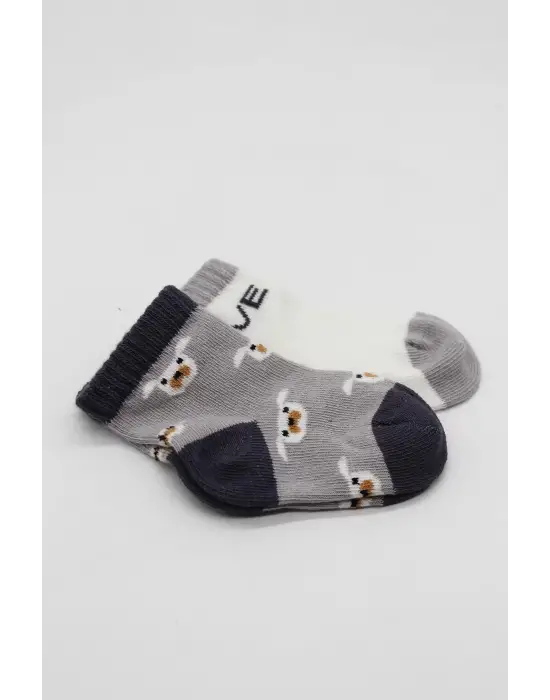 Omarı Sevimli Köpek Desenli Penye Soket Çorap Seti - Gri