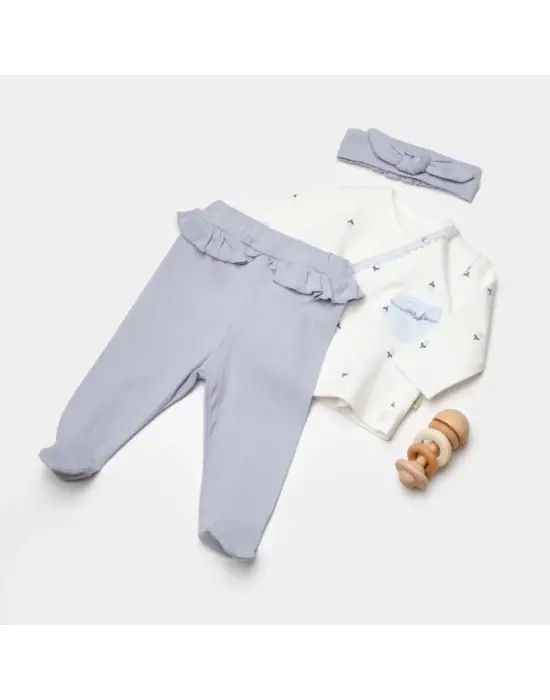 Omarı Ekru Lila Çiçek Desenli 3 Parça Zıbın Seti