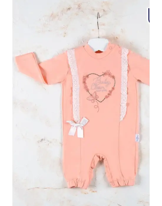 Love Kalp Nakışlı % 100 Pamuk Kız Bebek Tulumu