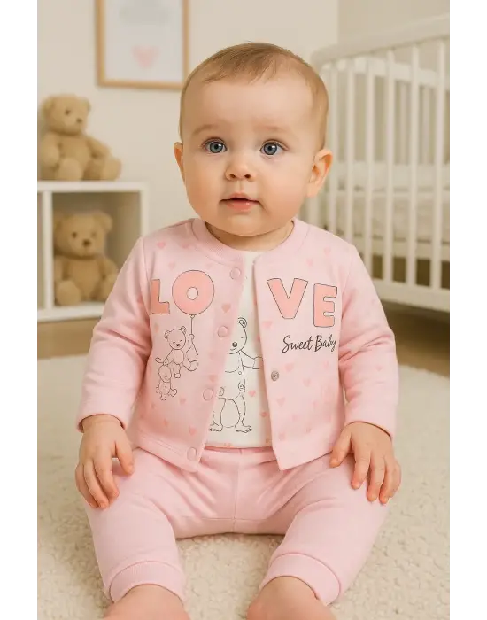 Love Tavşan Desenli Kol Detaylı 3lü Hırkalı Kız Bebek Takım