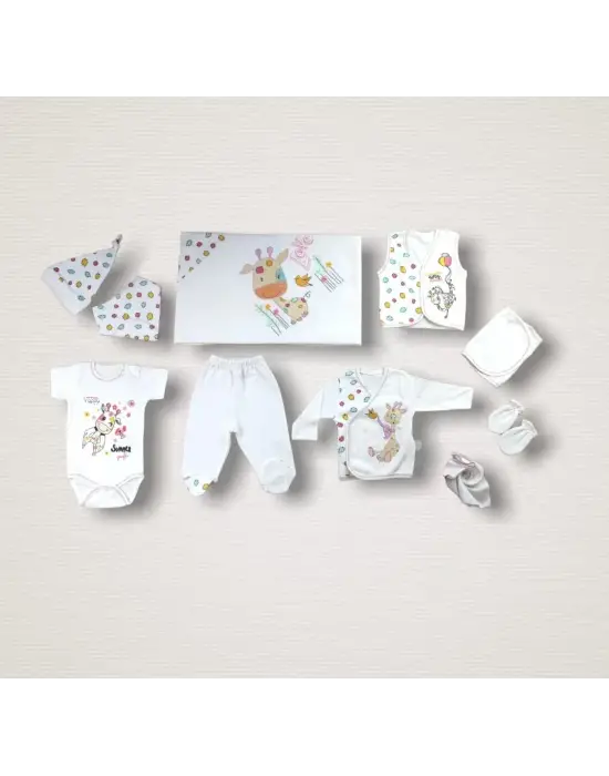 Çarpıcı Zürafa Nakışlı Zıbın Takımı Ekru