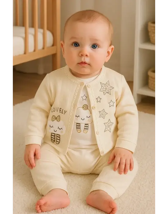 Lovely Yıldız Desenli 3lü Hırkalı Kız Bebek Takım