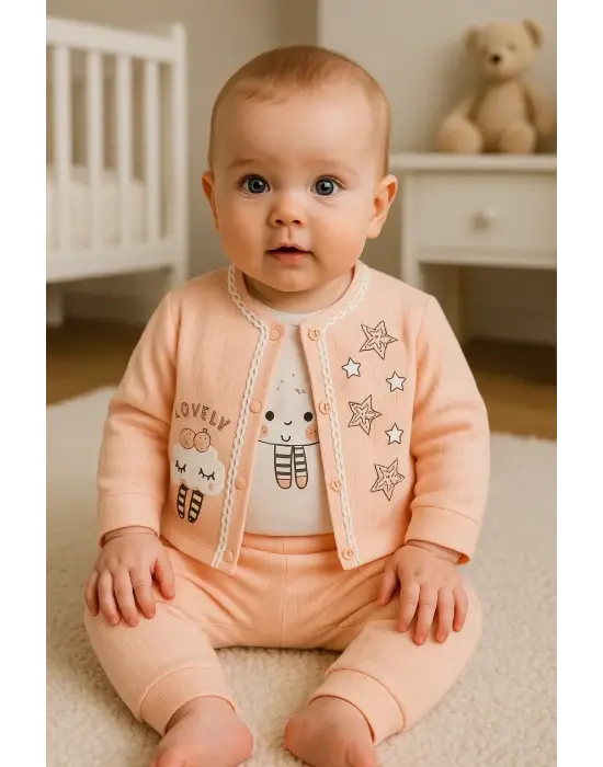 Lovely Yıldız Desenli 3lü Hırkalı Kız Bebek Takım