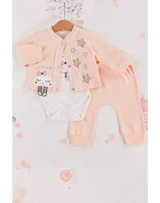 Lovely Yıldız Desenli 3lü Hırkalı Kız Bebek Takım