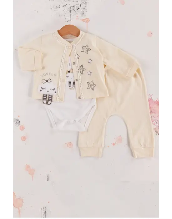 Lovely Yıldız Desenli 3lü Hırkalı Kız Bebek Takım