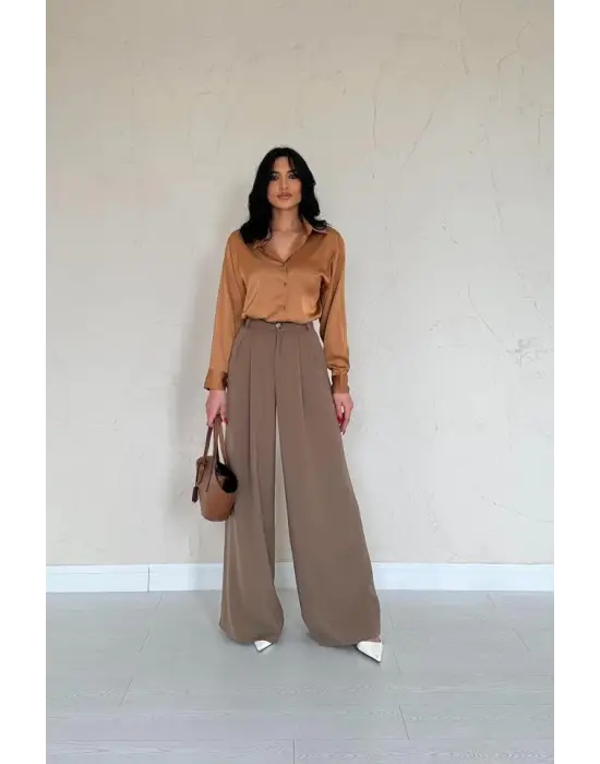 Omarı Saten Vizon Renkli Gömlek