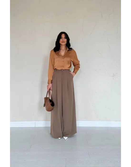 Omarı Saten Vizon Renkli Gömlek