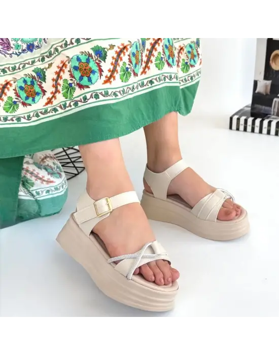 Luno Bej Cilt Kemerli Sandalet