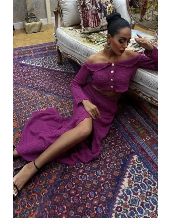 Yaka Derin Yırtmaç Etekli Şık Triko Takım Kadın Giyim