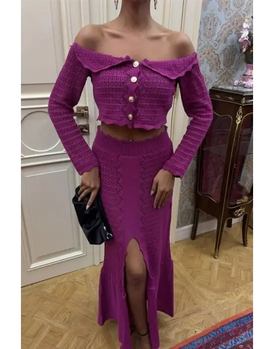 Yaka Derin Yırtmaç Etekli Şık Triko Takım Kadın Giyim