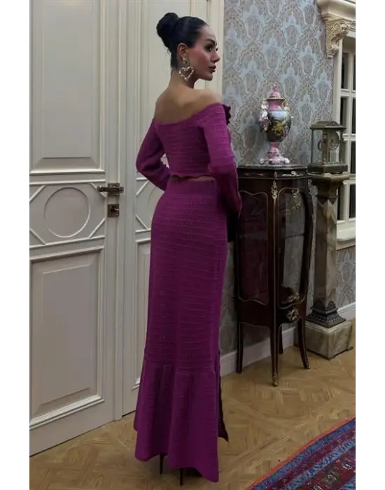 Yaka Derin Yırtmaç Etekli Şık Triko Takım Kadın Giyim