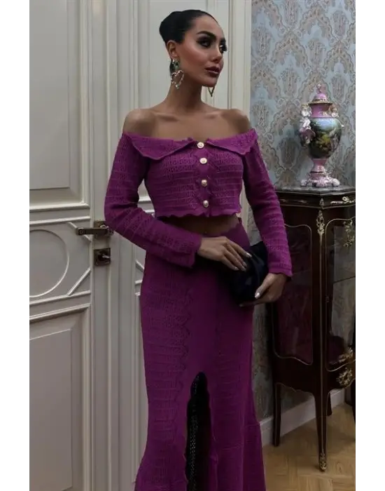 Yaka Derin Yırtmaç Etekli Şık Triko Takım Kadın Giyim