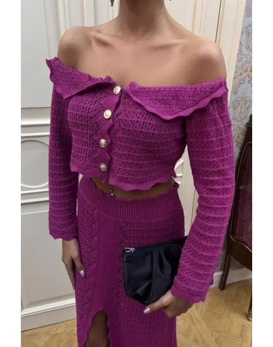 Omarı Derin Yırtmaçlı Şık Triko Takım