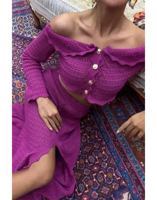 Omarı Derin Yırtmaçlı Şık Triko Takım