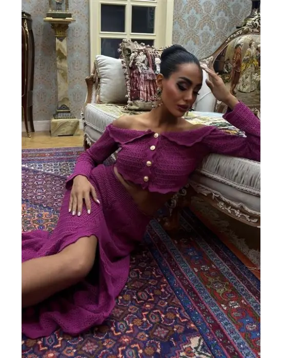 Yaka Derin Yırtmaç Etekli Şık Triko Takım Kadın Giyim