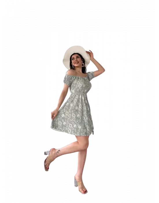 Etkileyici Desenli Madonna Yaka Elbise