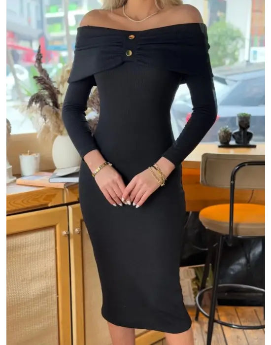 Omarı Etkileyici Madonna Yaka Dantel Detaylı Midi Elbise