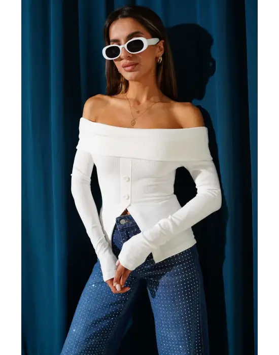 Madonna Yaka Düğmeli Bluz Beyaz t4329
