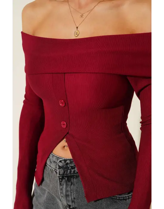 Madonna Yaka Düğmeli Bluz bordo t4329