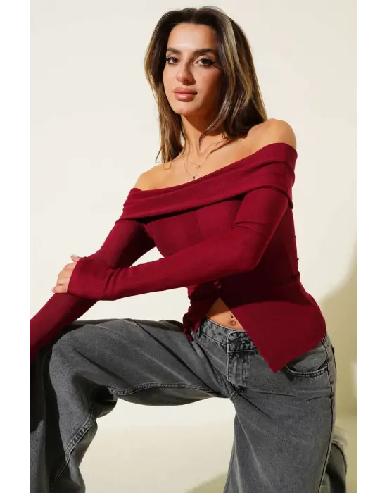 Madonna Yaka Düğmeli Bluz bordo t4329