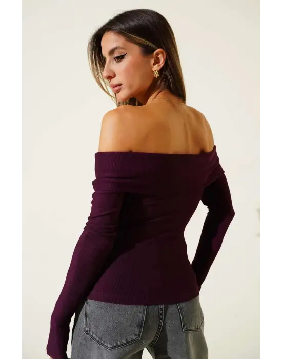 Madonna Yaka Düğmeli Bluz Mürdüm t4329