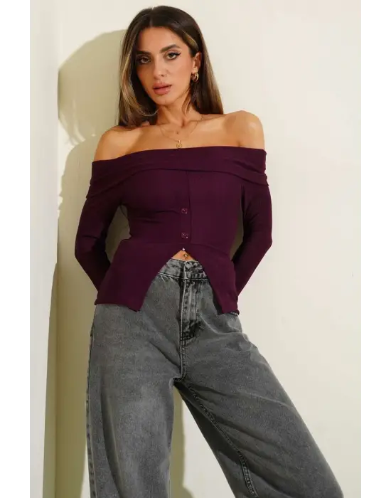 Madonna Yaka Düğmeli Bluz Mürdüm t4329