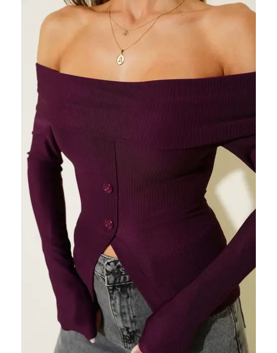 Madonna Yaka Düğmeli Bluz Mürdüm t4329