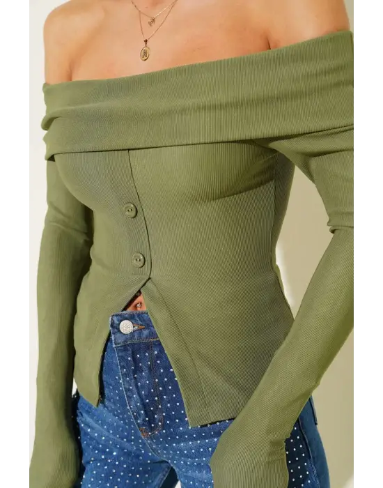 Madonna Yaka Düğmeli Bluz yeşil t4329