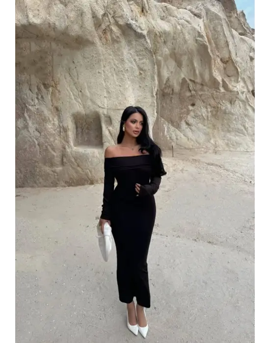 Madonna yaka esnek kumaş elbise siyah