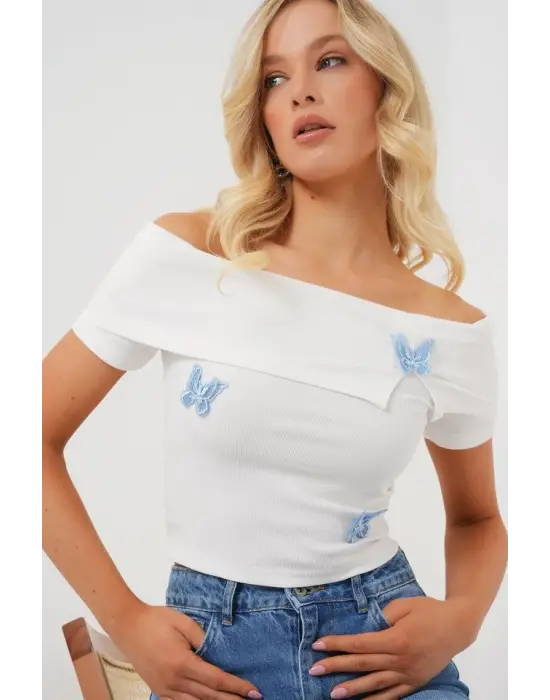 Madonna Yaka Kelebek Detaylı Bluz 957 - Beyaz