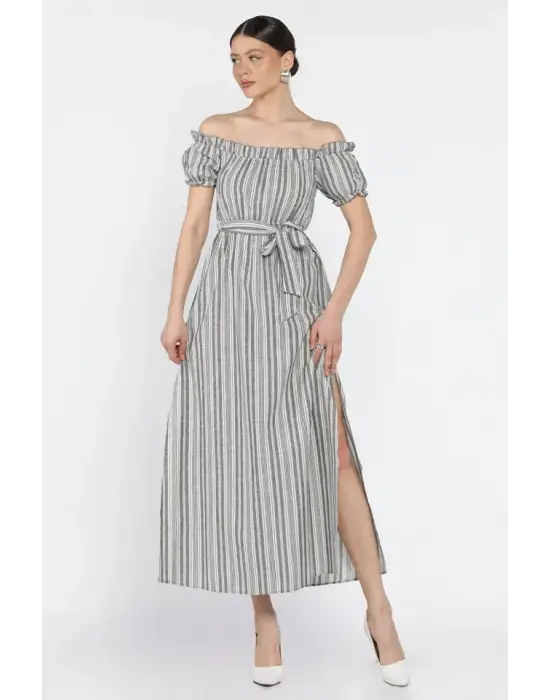 Modern Midi Yırtmaçlı Keten Elbise