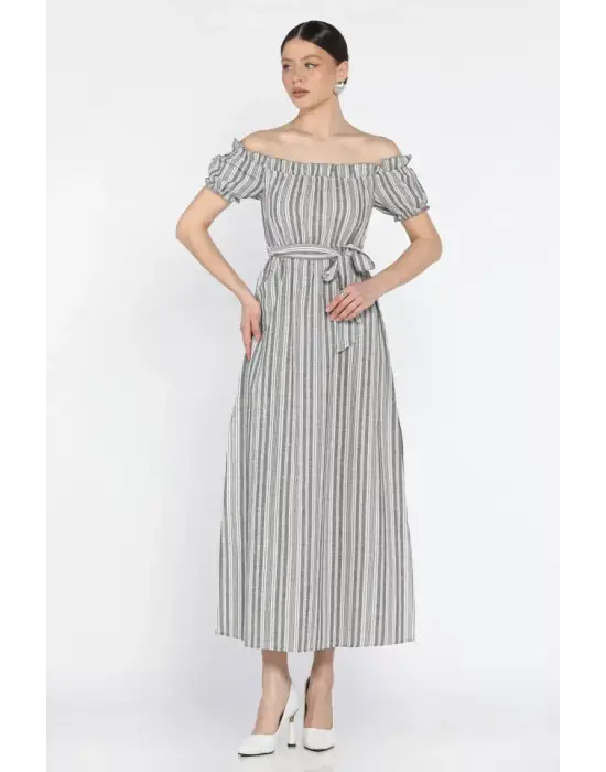 Modern Midi Yırtmaçlı Keten Elbise