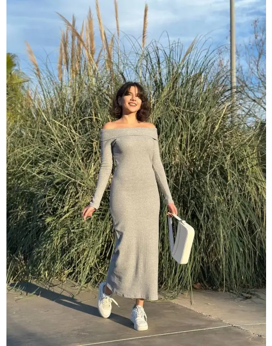 Madonna yaka uzun elbise şardonlu kumaş gri w3753
