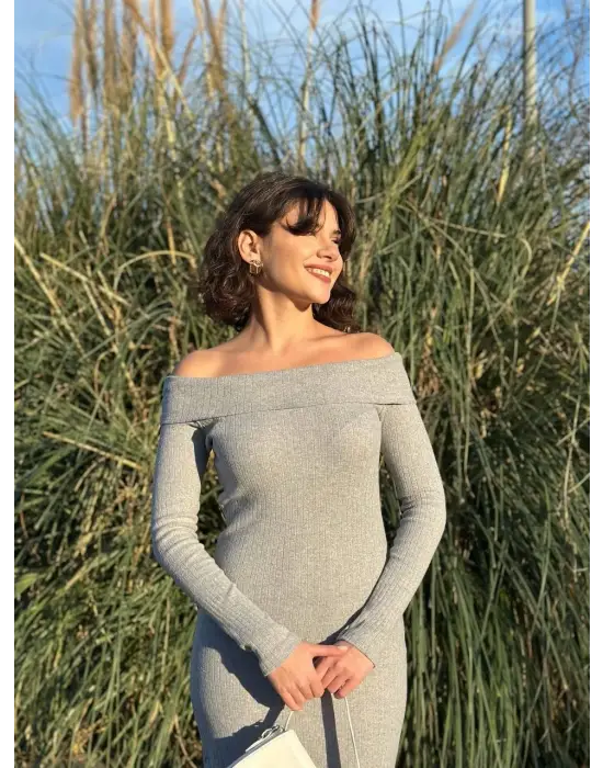 Madonna yaka uzun elbise şardonlu kumaş gri w3753