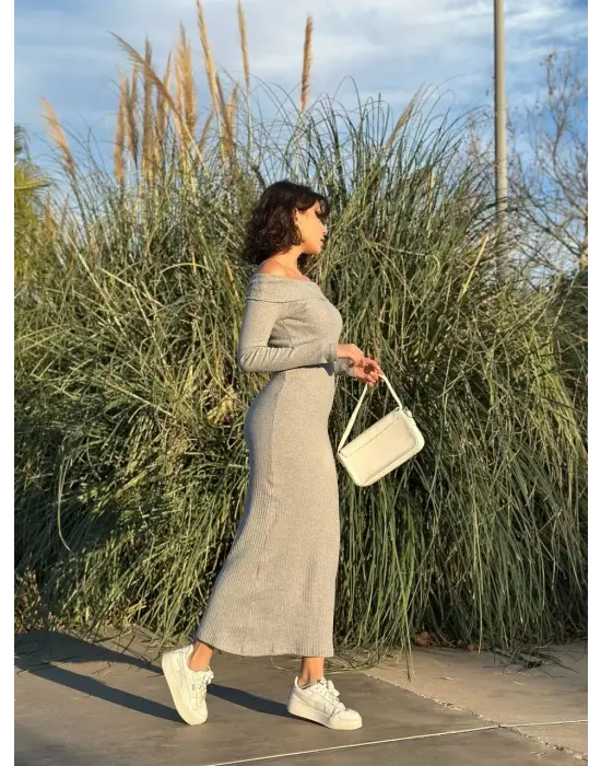 Madonna yaka uzun elbise şardonlu kumaş gri w3753