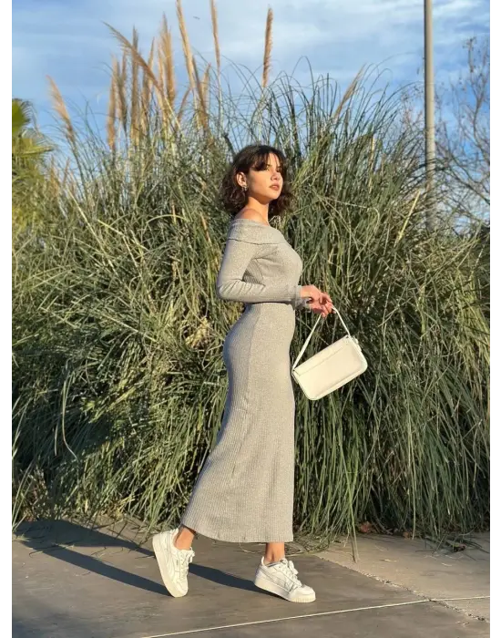 Madonna yaka uzun elbise şardonlu kumaş gri w3753