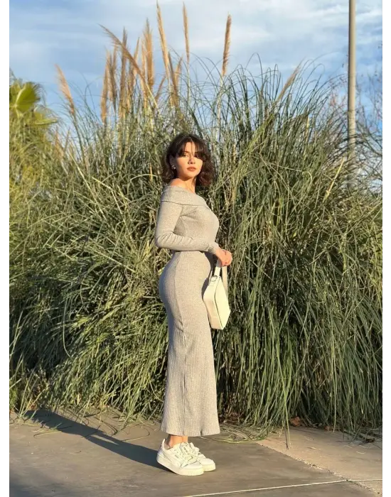 Madonna yaka uzun elbise şardonlu kumaş gri w3753