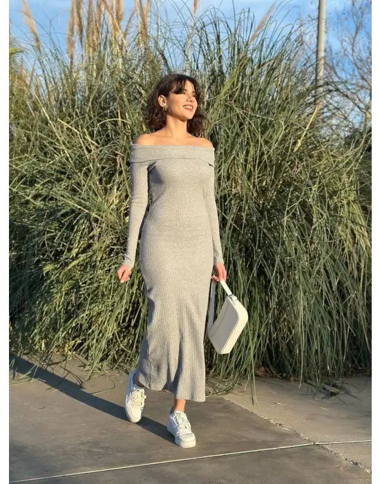 Madonna yaka uzun elbise şardonlu kumaş gri w3753